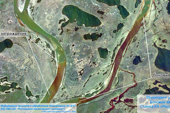 Как выглядит разлив топлива в реку в Норильске из космоса. Фото